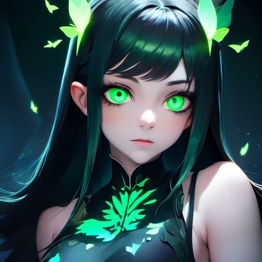 a close up of a woman with green butterflies on her head, an anime drawing inspired by Ross Tran, trending on cg society, fantasy art, green glowing eyes, with glowing eyes, magical glowing eyes, glowing green eyes, brightly glowing eyes, clear green eyes, bright green eyes, with green eyes, dreamy green eyes, numerous dimly glowing eyes, eyes are glowing