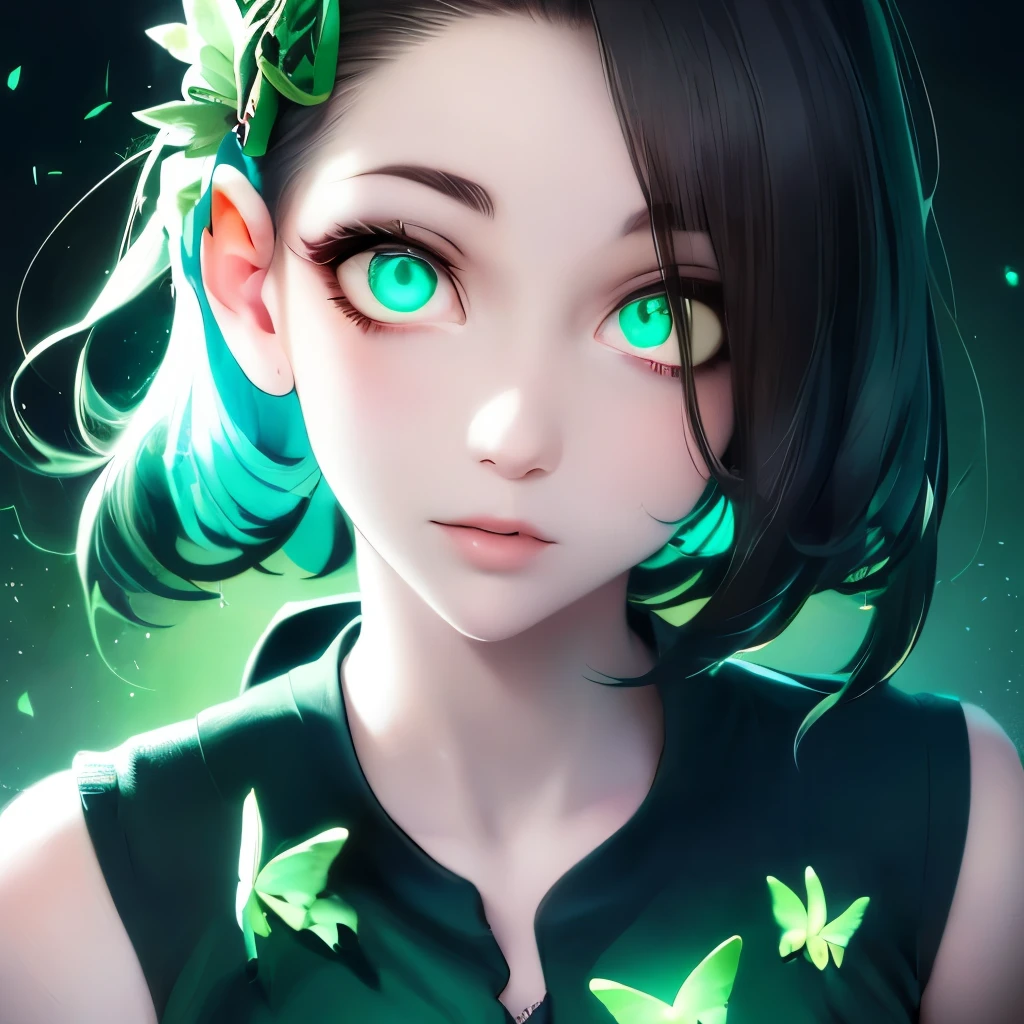 a close up of a woman with green butterflies on her head, an anime drawing inspired by Ross Tran, trending on cg society, fantasy art, green glowing eyes, with glowing eyes, magical glowing eyes, glowing green eyes, brightly glowing eyes, clear green eyes, bright green eyes, with green eyes, dreamy green eyes, numerous dimly glowing eyes, eyes are glowing