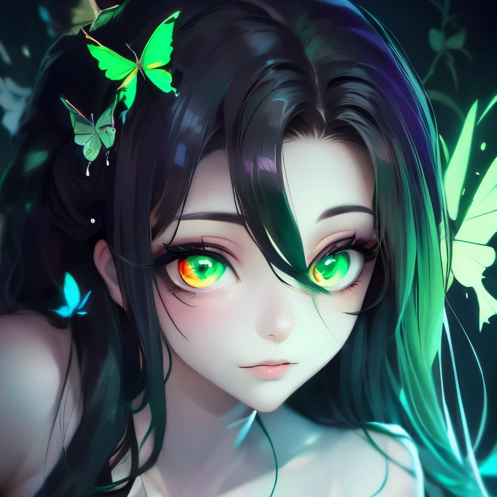 a close up of a woman with green butterflies on her head, an anime drawing inspired by Ross Tran, trending on cg society, fantasy art, green glowing eyes, with glowing eyes, magical glowing eyes, glowing green eyes, brightly glowing eyes, clear green eyes, bright green eyes, with green eyes, dreamy green eyes, numerous dimly glowing eyes, eyes are glowing