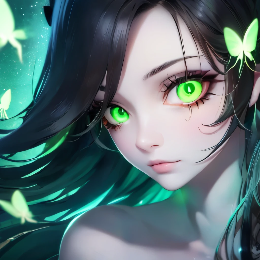 a close up of a woman with green butterflies on her head, an anime drawing inspired by Ross Tran, trending on cg society, fantasy art, green glowing eyes, with glowing eyes, magical glowing eyes, glowing green eyes, brightly glowing eyes, clear green eyes, bright green eyes, with green eyes, dreamy green eyes, numerous dimly glowing eyes, eyes are glowing