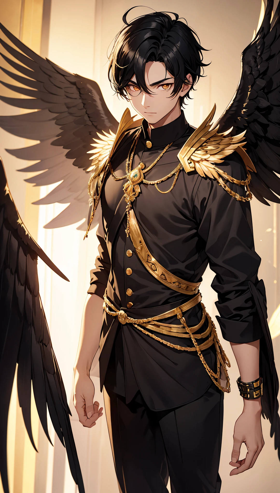 young man with black hair and golden eyes with golden wings on his back