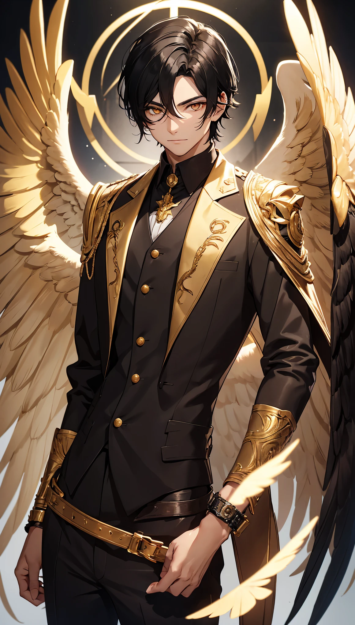 young man with black hair and golden eyes with golden wings on his back