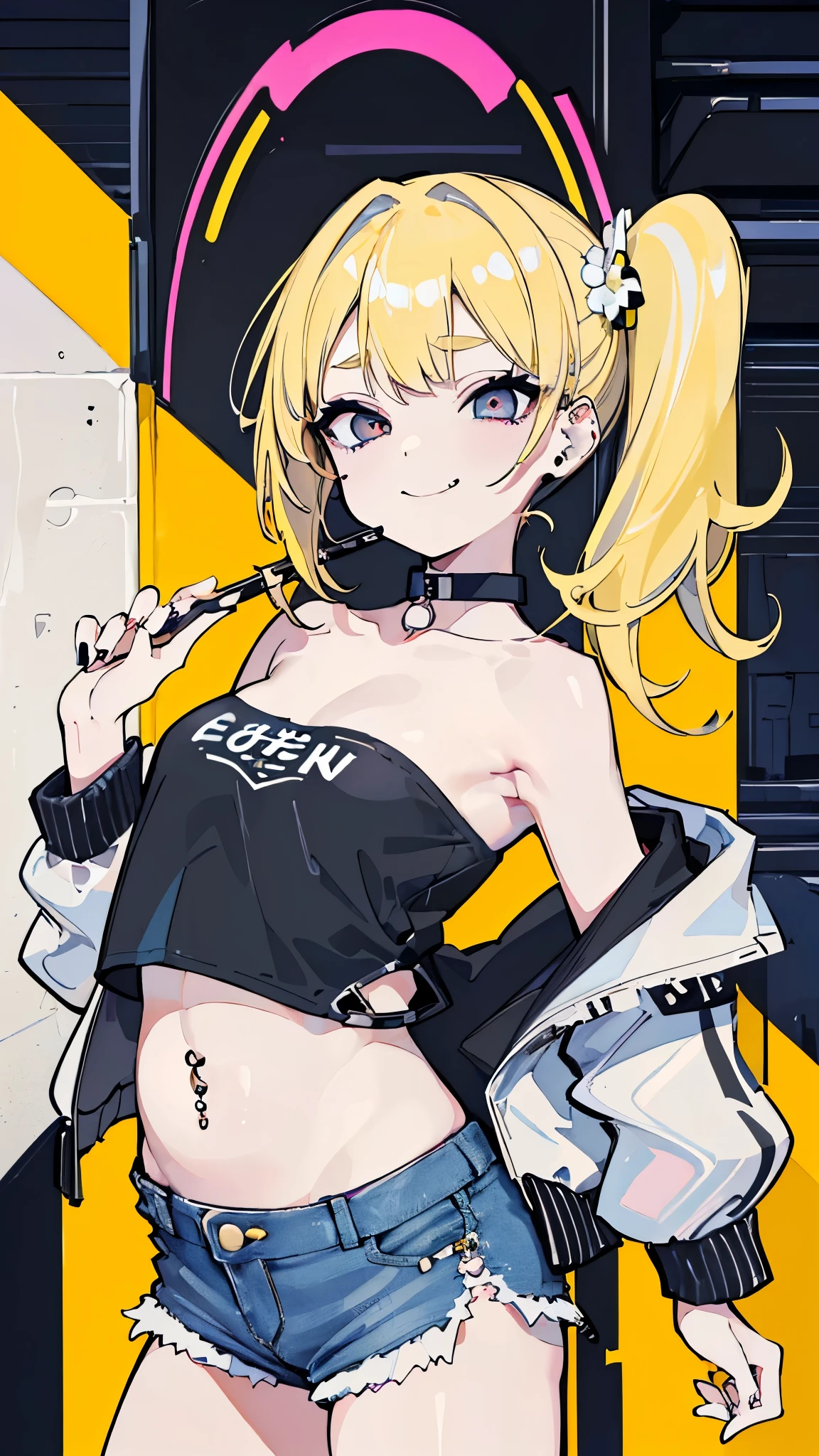 Original Character, Volumetric Lighting, Best Shadows, Shallow Depth of Field, Portrait of an Incredibly Beautiful Girl, Small, Delicate, Beautiful Attractive Face with Seductive Yellow Eyes, Messy Painted Face, Sharp Eyebrows, Open Smile, Open Mouth, Fangs Out, Lovely Big Breasts, Long Layered Blonde Hair, Blush Eyeshadow, Thick Eyelashes, Applejack Hat, Oversized Jacket, Micro Underboob Tee, Open navel, slim waist, jeans, with buckle belt, In The Graffiti Alley, Garbage Container, Outdoor stairs, Outdoor unit, Holding Spray Tin, Standing, (High Quality, Amazing Details: 1.25), (Solo: 1.3), Bright Color Paintings