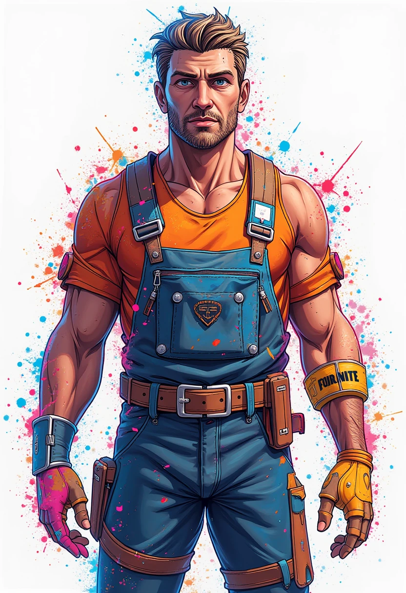 30 years old man,Splash art, Fortnite style, portrait poster, (whitebackground)), splash style of coloful paint, contour,hyperdetailed intricately detailed, unreal engine,fantastical, intricate detail, splash screen, complementary colors, fantasy concept art, 8k resolution, deviantartmasterpiece, oil painting, heavy strokes, paint dripping,splash arts ,wong-flux2