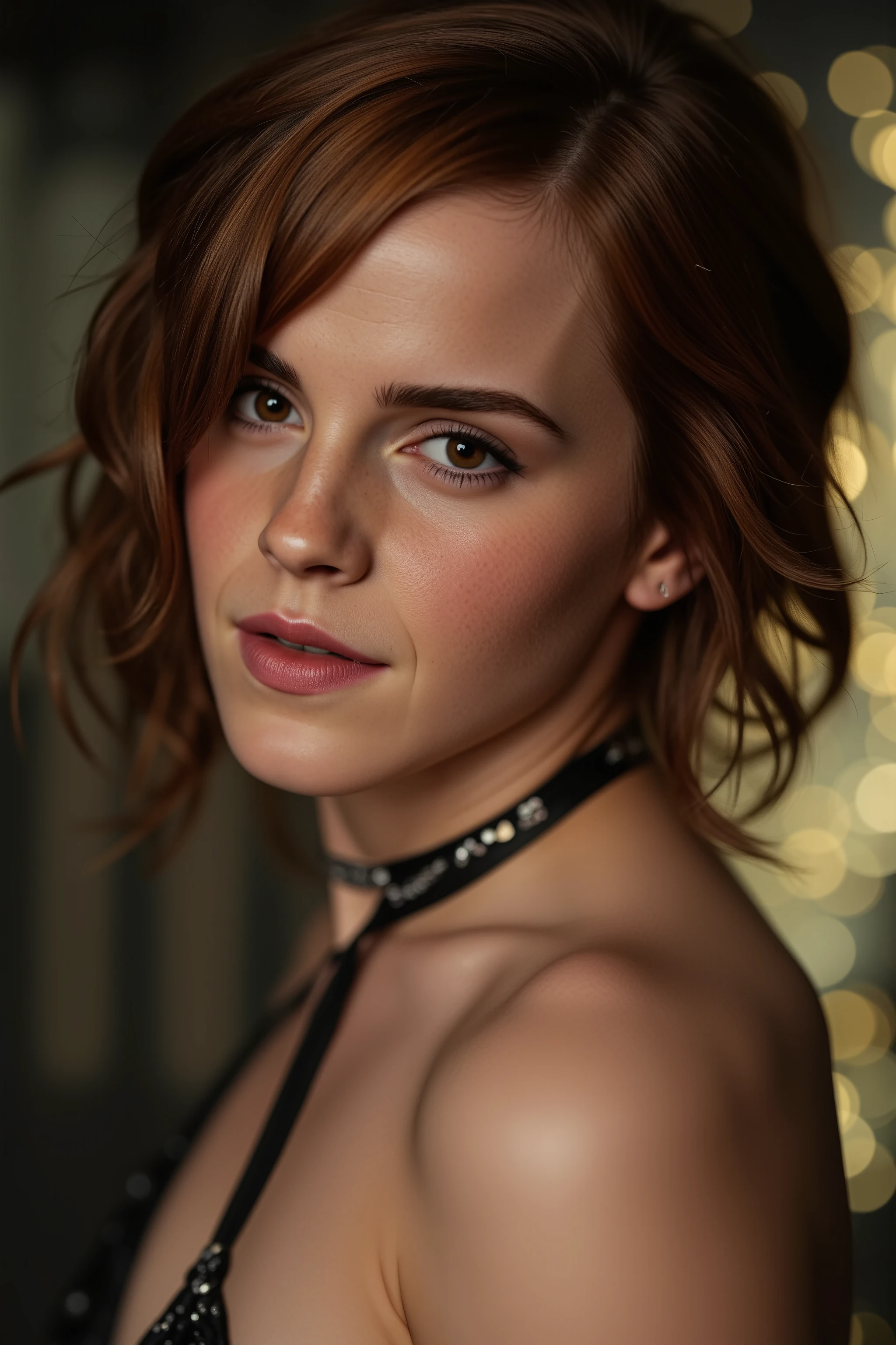 emma watson naked small choker, (elegant, beautiful face), curly auburn hair, (cheeky smile:0.8), pale skin, goth makeup, (intricately detailed, fine details, hyperdetailed), raytracing, subsurface scattering, diffused soft lighting, atmospheric lights, flashes of light and sparks, curls, god rays, ultradetailed, ultradetaled, detailed skin, natural skin texture, shallow depth of field, hdr, 8k, cinematic, hyperrealistic, ultradetaled geen eyes, hyper realism soft light, film, studio lighting, detailed skin, ultra realistic, bokeh, sharp features, best quality, ultra high res, detailed face, realistic face, raw photo --auto