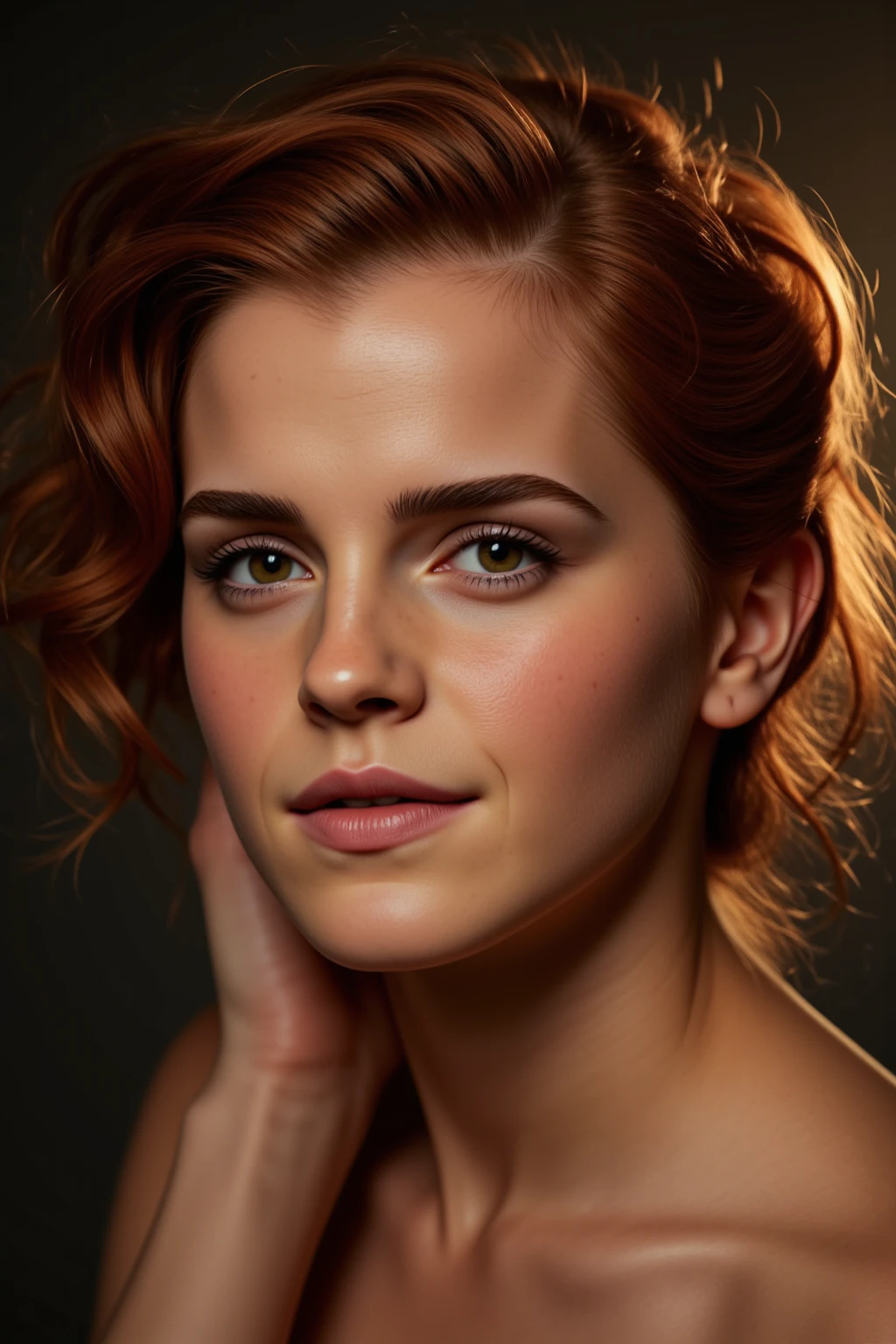 emma watson, (elegant, beautiful face), curly red hair, (cheeky smile:0.8), pale skin, goth makeup, (intricately detailed, fine details, hyperdetailed), raytracing, subsurface scattering, diffused soft lighting, atmospheric lights, flashes of light and sparks, curls, god rays, ultradetailed, ultradetaled, detailed skin, natural skin texture, shallow depth of field, hdr, 8k, cinematic, hyperrealistic, ultradetaled geen eyes, hyper realism soft light, film, studio lighting, detailed skin, ultra realistic, bokeh, sharp features, best quality, ultra high res, detailed face, realistic face, raw photo