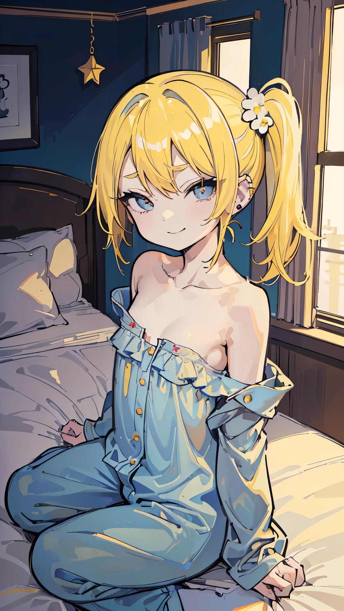 Cute girl, light blonde hair, blue eyes, smile, blue cat costume pajamas, headdress, big breasts, pajamas, nightwear