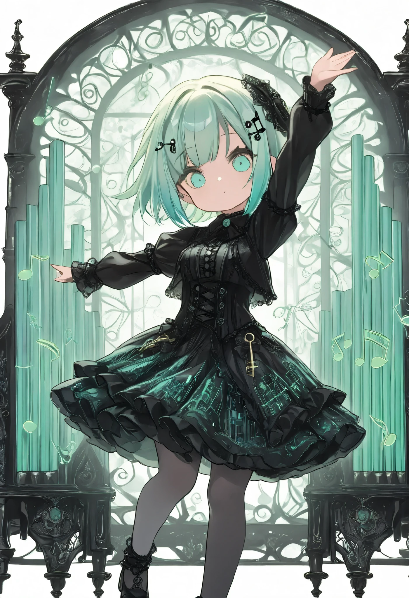 masterpiece, best quality, 8k, highres, ultra-detailed, HDR, UHD,pastel
theme color green, best quality, 1girl, darkgirl,dark gothic,chibi, music-themed outfit, musical note hair clip, pipe organ key pattern, open arms, dynamic pose, floating colorful music notes, vibrant, whimsical atmosphere, white background