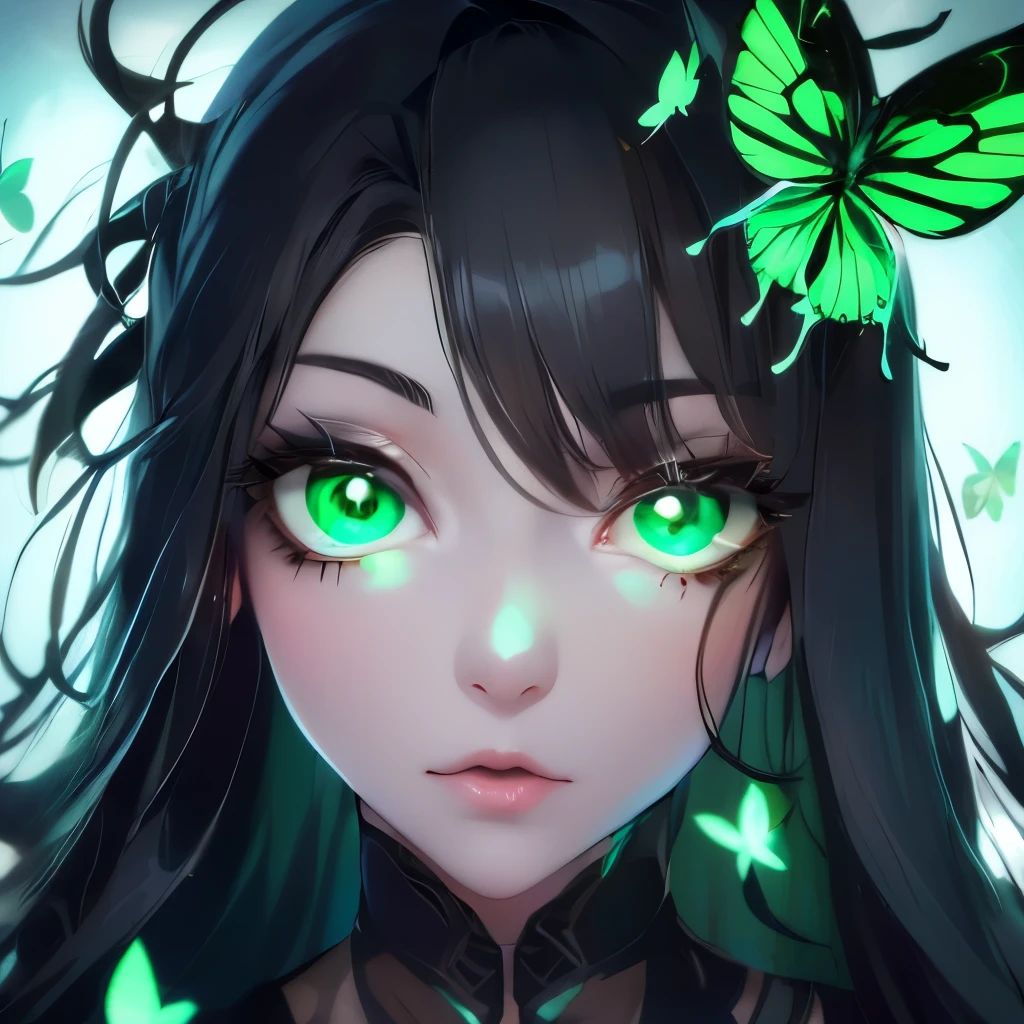 a close up of a woman with green butterflies on her head, an anime drawing inspired by Ross Tran, trending on cg society, fantasy art, green glowing eyes, with glowing eyes, magical glowing eyes, glowing green eyes, brightly glowing eyes, clear green eyes, bright green eyes, with green eyes, dreamy green eyes, numerous dimly glowing eyes, eyes are glowing