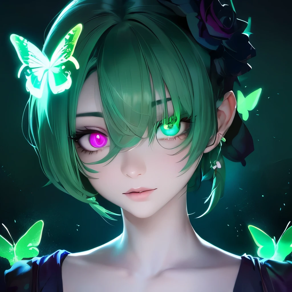 a close up of a woman with green butterflies on her head, an anime drawing inspired by Ross Tran, trending on cg society, fantasy art, green glowing eyes, with glowing eyes, magical glowing eyes, glowing green eyes, brightly glowing eyes, clear green eyes, bright green eyes, with green eyes, dreamy green eyes, numerous dimly glowing eyes, eyes are glowing