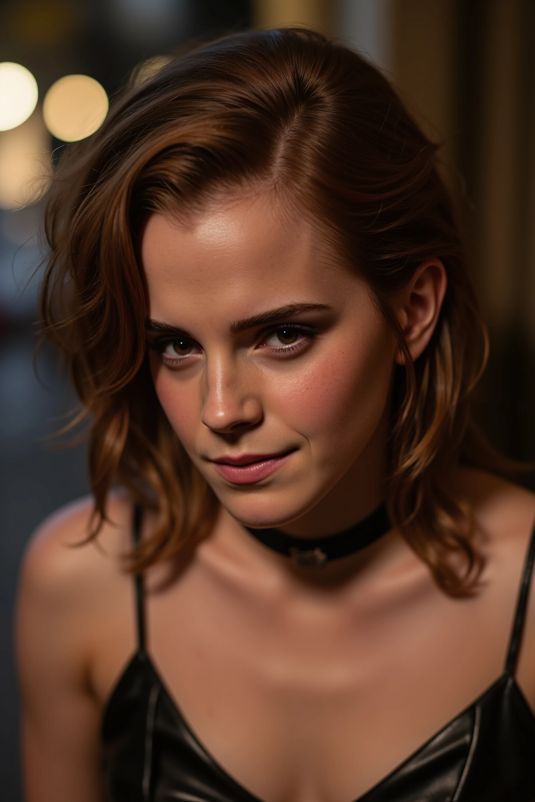 emma watson naked small choker, (elegant, beautiful face), curly auburn hair, (cheeky smile:0.8), pale skin, goth makeup, (intricately detailed, fine details, hyperdetailed), raytracing, subsurface scattering, diffused soft lighting, atmospheric lights, flashes of light and sparks, curls, god rays, ultradetailed, ultradetaled, detailed skin, natural skin texture, shallow depth of field, hdr, 8k, cinematic, hyperrealistic, ultradetaled geen eyes, hyper realism soft light, film, studio lighting, detailed skin, ultra realistic, bokeh, sharp features, best quality, ultra high res, detailed face, realistic face, raw photo 