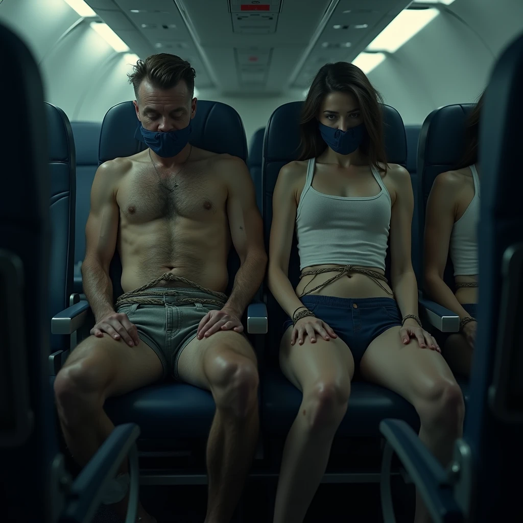 Give me an image in which people inside the plane are tied with seat belts, dead in bad condition, which gives horrible vibe