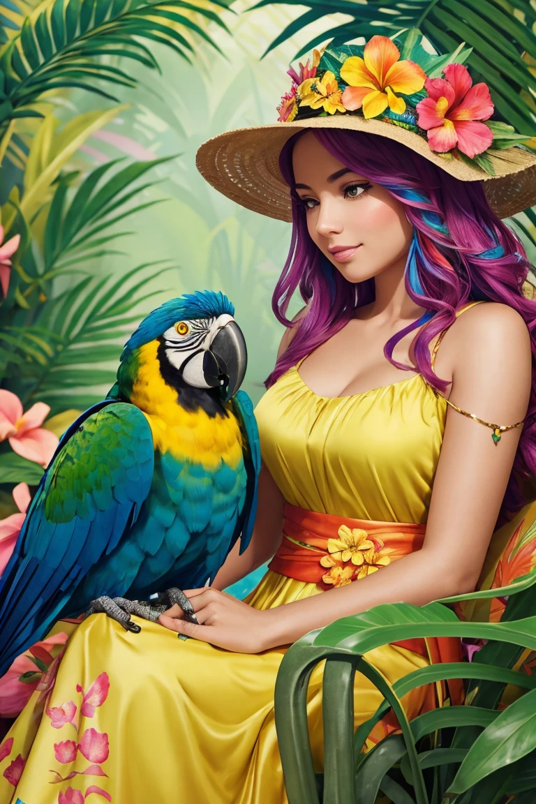 A vibrant exploration of joy features a Brazilian girl with sun-kissed hair adorned with floral accents and her playful macaw companion, both in colorful, watercolor wisteria wyvern tropical outfits. The girl's flowing attire showcases bright coral, lush green, and sunny yellow patterns inspired by the Amazon, complemented by a wide-brimmed hat with feathers. They sit in a retro-chic vehicle with glowing panels displaying holographic flora, while the macaw, wearing a matching flower crown, perches on her shoulder. The lush background of oversized leaves and blooming flowers is rendered in deep greens, bright pinks, and golden yellows, inviting viewers into an enchanting, colorful fairytale.