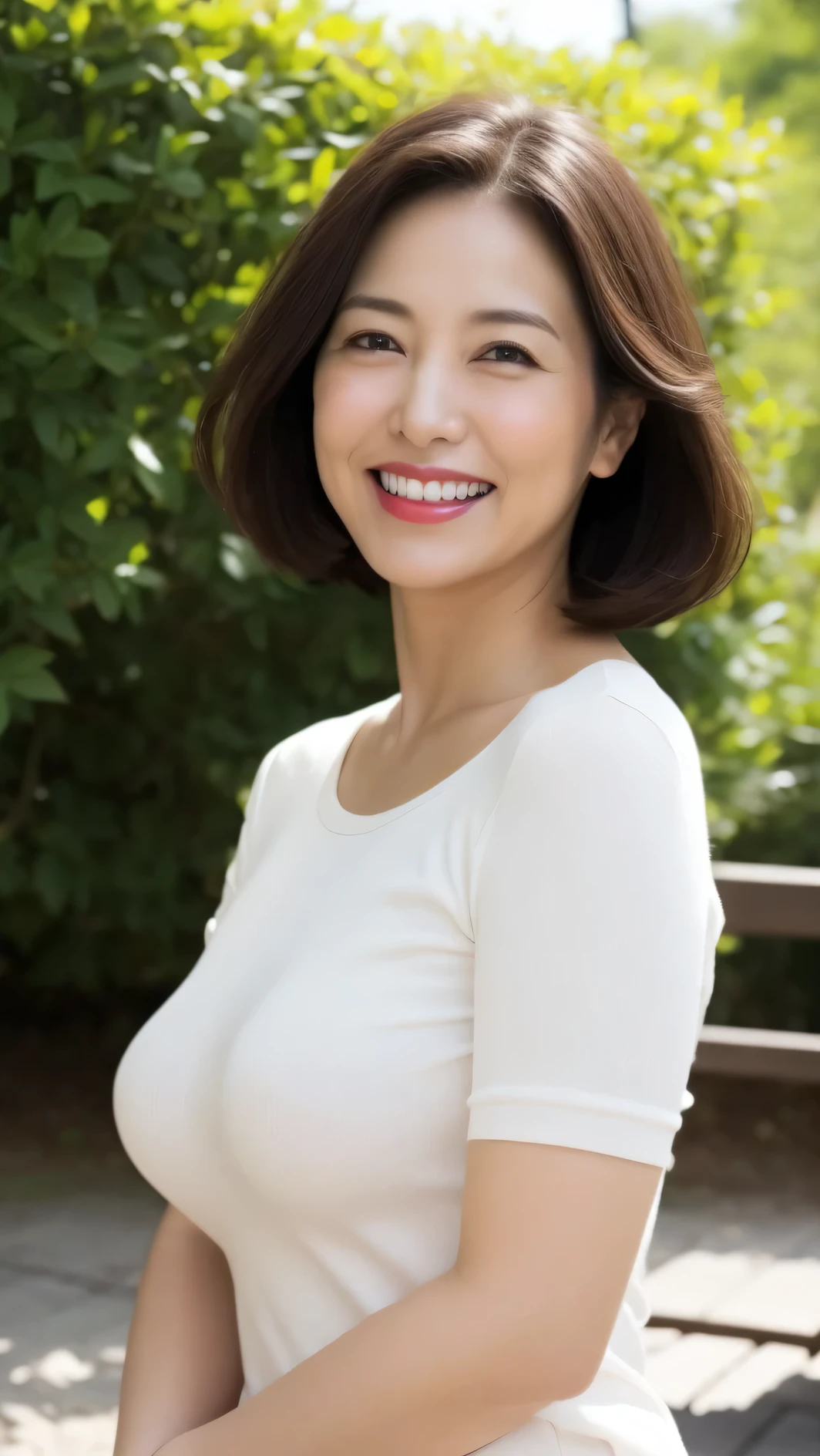 standing in the park, Wrinkles around the eyes, Get on all fours 、 are teething and laughing 、, Plain short-sleeved clothing, senior citizen, drawing her lips correctly , Red lipstick, No discomfort, 16k, best quality, Very detailed, Realistic, Very detailed肌, (Japanese), (Alone), 100 years, Big Breasts , , attractive, sexy, Chromo white skin, ,