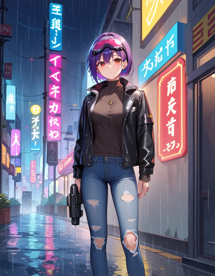 score_9, score_8_up, score_7_up, masterpiece, source_anime, BREAK, 1girl, red eyes, short purple hair, neon goggles, leather jacket, ripped jeans, cybernetic arm, standing in a rainy city street, neon lights reflecting on wet pavement