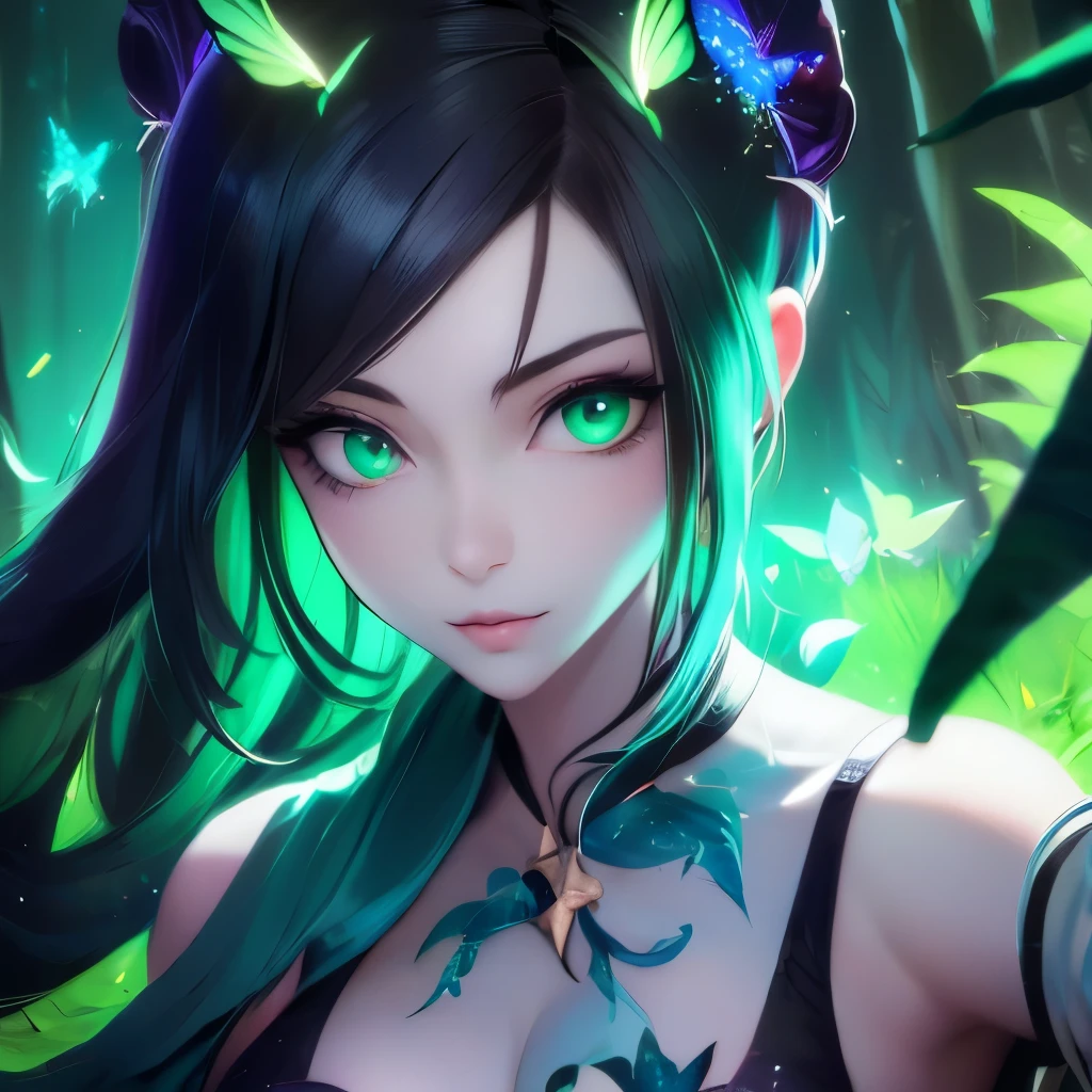 a close up of a woman with green butterflies on her head, an anime drawing inspired by Ross Tran, trending on cg society, fantasy art, green glowing eyes, with glowing eyes, magical glowing eyes, glowing green eyes, brightly glowing eyes, clear green eyes, bright green eyes, with green eyes, dreamy green eyes, numerous dimly glowing eyes, eyes are glowing