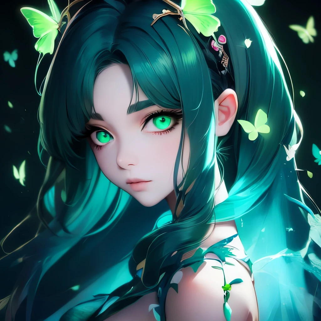 a close up of a woman with green butterflies on her head, an anime drawing inspired by Ross Tran, trending on cg society, fantasy art, green glowing eyes, with glowing eyes, magical glowing eyes, glowing green eyes, brightly glowing eyes, clear green eyes, bright green eyes, with green eyes, dreamy green eyes, numerous dimly glowing eyes, eyes are glowing