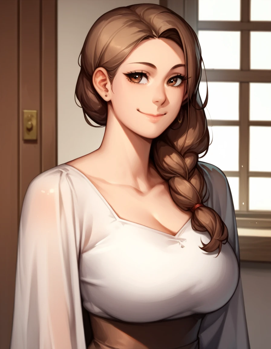 voluptuous body,1girl,solo, closed mouth smiling, upper body portrait, highly detailed, 8k, high definition, fully clothed, milf, large breasts, skin, beautiful, wearing a 1950s styled house wife dress, full clothed, facing viewer, anime style, no earrings, make up, portrait pose, brown eyes,