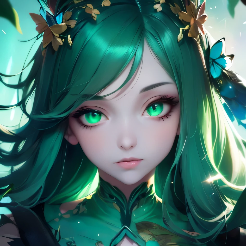 a close up of a woman with green butterflies on her head, an anime drawing inspired by Ross Tran, trending on cg society, fantasy art, green glowing eyes, with glowing eyes, magical glowing eyes, glowing green eyes, brightly glowing eyes, clear green eyes, bright green eyes, with green eyes, dreamy green eyes, numerous dimly glowing eyes, eyes are glowing