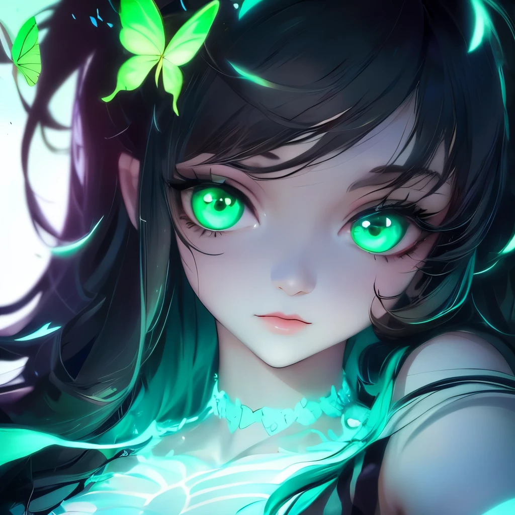 a close up of a woman with green butterflies on her head, an anime drawing inspired by Ross Tran, trending on cg society, fantasy art, green glowing eyes, with glowing eyes, magical glowing eyes, glowing green eyes, brightly glowing eyes, clear green eyes, bright green eyes, with green eyes, dreamy green eyes, numerous dimly glowing eyes, eyes are glowing