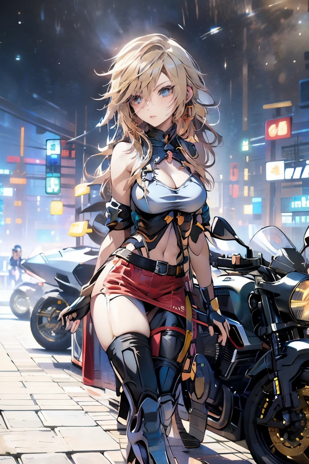 1girl, boots, breasts, bracelets, full body with costume, leotard, bare legs, medium breasts, perfect hands, complete fingers, perfect anatomy, perfect proportions, solo, solo focus, superhero girl, beautiful detailed eyes, beautiful detailed face, diffraction spikes, heroic, standing straight, hands on hip, city backdrop