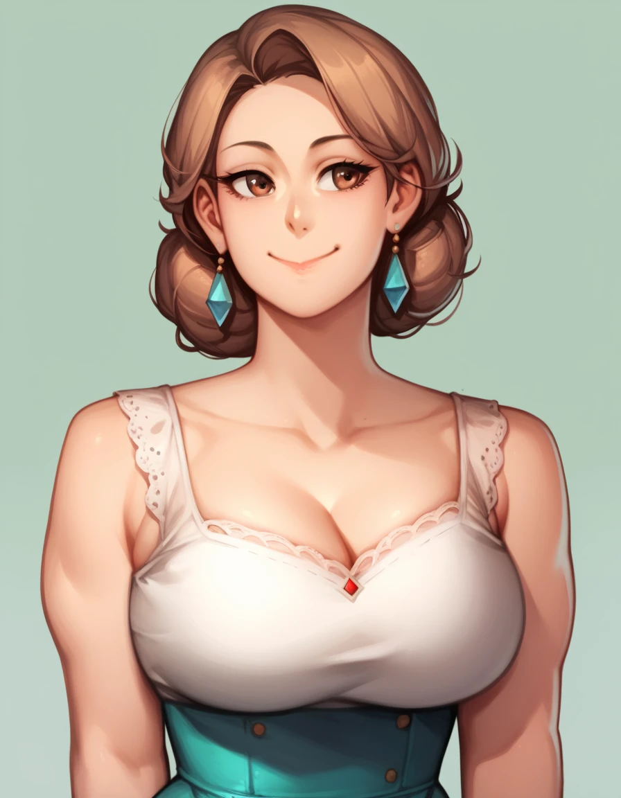 voluptuous body,1girl,solo, closed mouth smiling, upper body portrait, highly detailed, 8k, high definition, fully clothed, milf, huge breasts, skin, beautiful, wearing a 1950s styled house wife dress, full clothed, facing viewer, anime style, no earrings, make up, portrait pose, brown eyes,