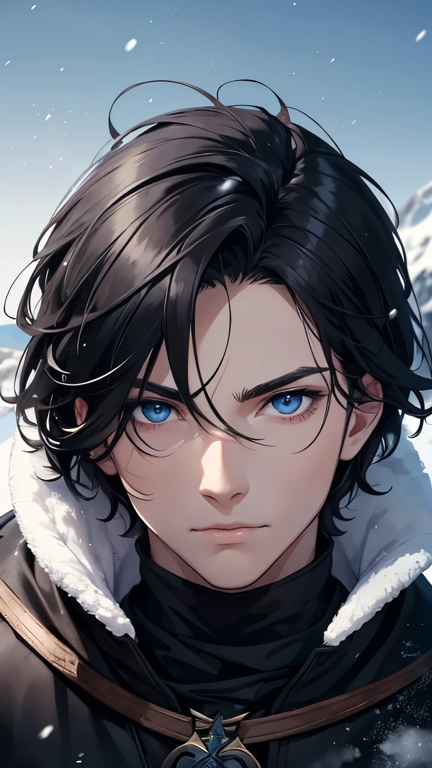 fair-skinned young man , short black hair and blue eyes , beautiful face, he wears black medieval clothes and a black winter tunic with skin for snow, wears black gloves, Cold expression, He is on the top of a snowy mountain
