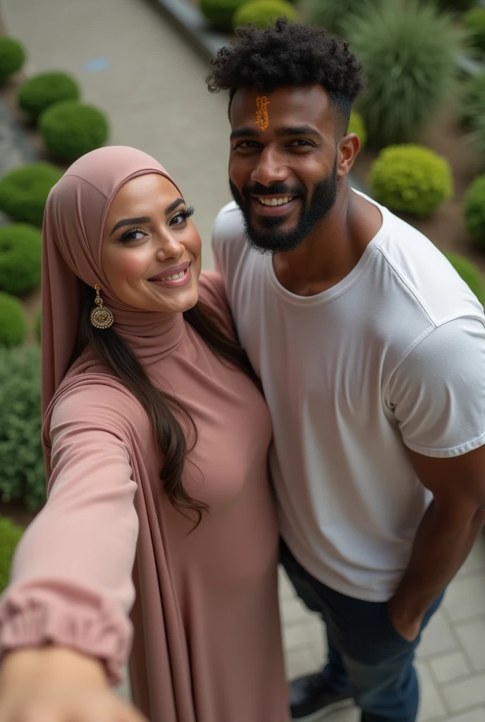 Selfie photo of Indian young hijab straight couple. Male is wearing White vest and shorts. Female is curvy white fair skin tone, Big breast.,Wearing kerala nighty maxi and wearing hijab scarf in kerala middle-class home.realistic image. Selfie photo.