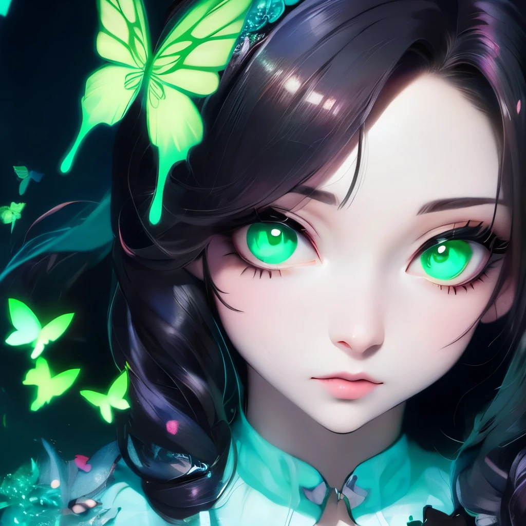 a close up of a woman with green butterflies on her head, an anime drawing inspired by Ross Tran, trending on cg society, fantasy art, green glowing eyes, with glowing eyes, magical glowing eyes, glowing green eyes, brightly glowing eyes, clear green eyes, bright green eyes, with green eyes, dreamy green eyes, numerous dimly glowing eyes, eyes are glowing