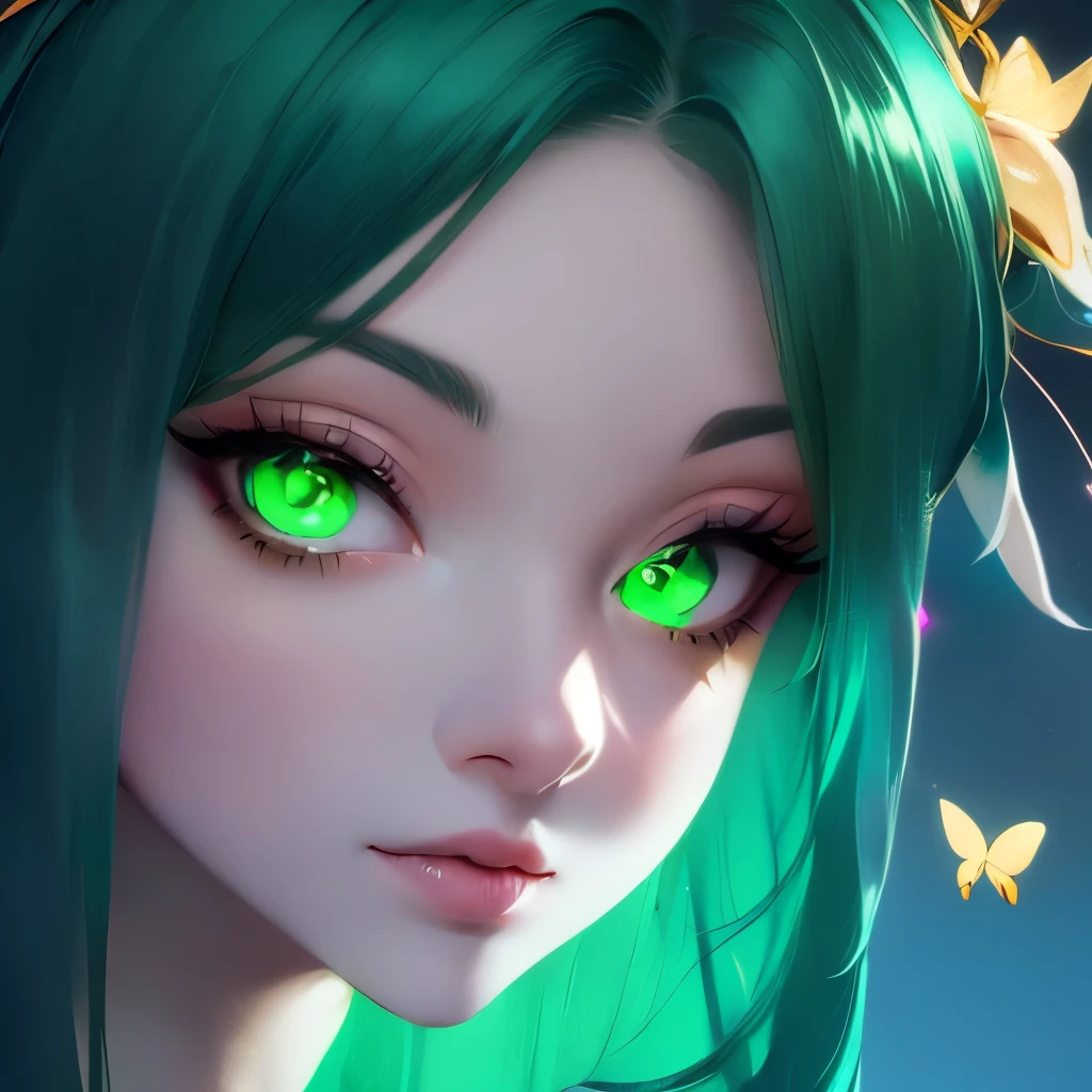 a close up of a woman with green butterflies on her head, an anime drawing inspired by Ross Tran, trending on cg society, fantasy art, green glowing eyes, with glowing eyes, magical glowing eyes, glowing green eyes, brightly glowing eyes, clear green eyes, bright green eyes, with green eyes, dreamy green eyes, numerous dimly glowing eyes, eyes are glowing