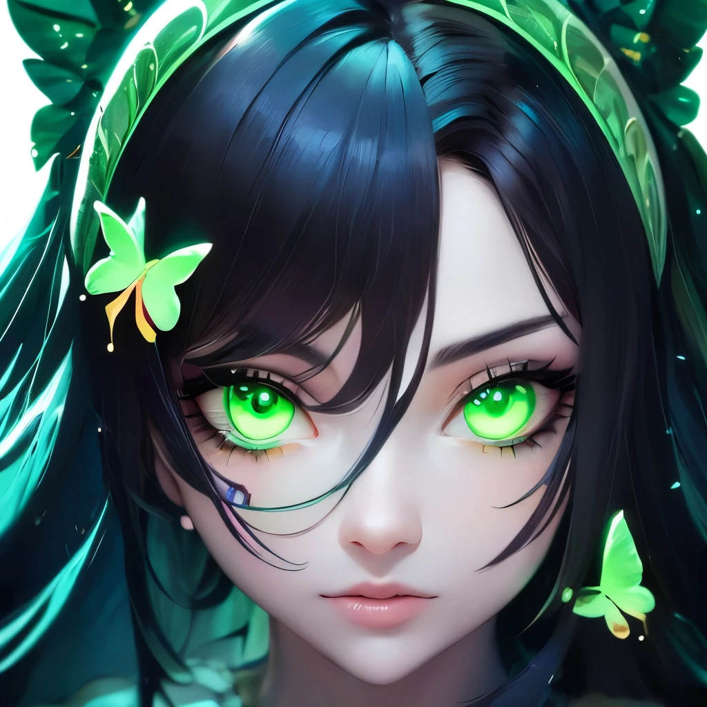 a close up of a woman with green butterflies on her head, an anime drawing inspired by Ross Tran, trending on cg society, fantasy art, green glowing eyes, with glowing eyes, magical glowing eyes, glowing green eyes, brightly glowing eyes, clear green eyes, bright green eyes, with green eyes, dreamy green eyes, numerous dimly glowing eyes, eyes are glowing