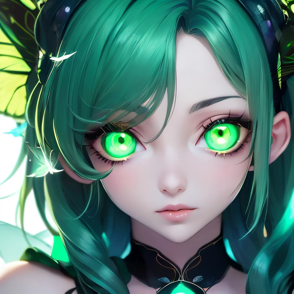 a close up of a woman with green butterflies on her head, an anime drawing inspired by Ross Tran, trending on cg society, fantasy art, green glowing eyes, with glowing eyes, magical glowing eyes, glowing green eyes, brightly glowing eyes, clear green eyes, bright green eyes, with green eyes, dreamy green eyes, numerous dimly glowing eyes, eyes are glowing