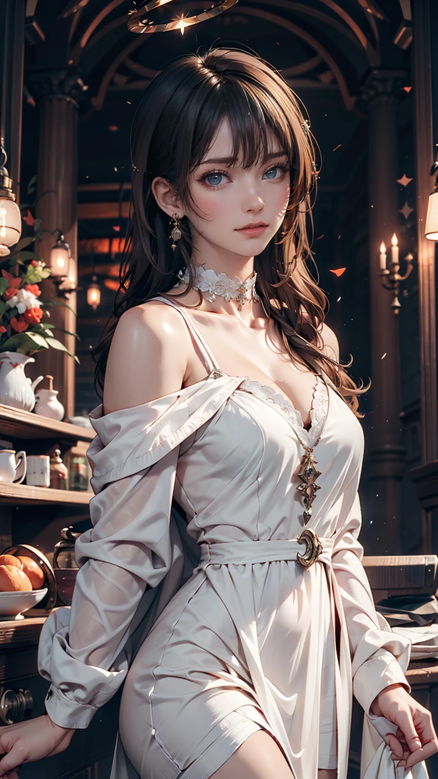 24-year-old woman、Sexy proportions、Sexy、Pearl Necklace、Cross neck off shoulder 3D flower lace waist design gathered slit tight mini dress