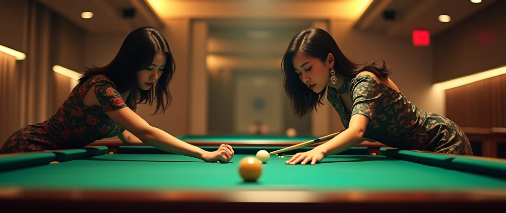naked women on the billiard table 
while eating chips