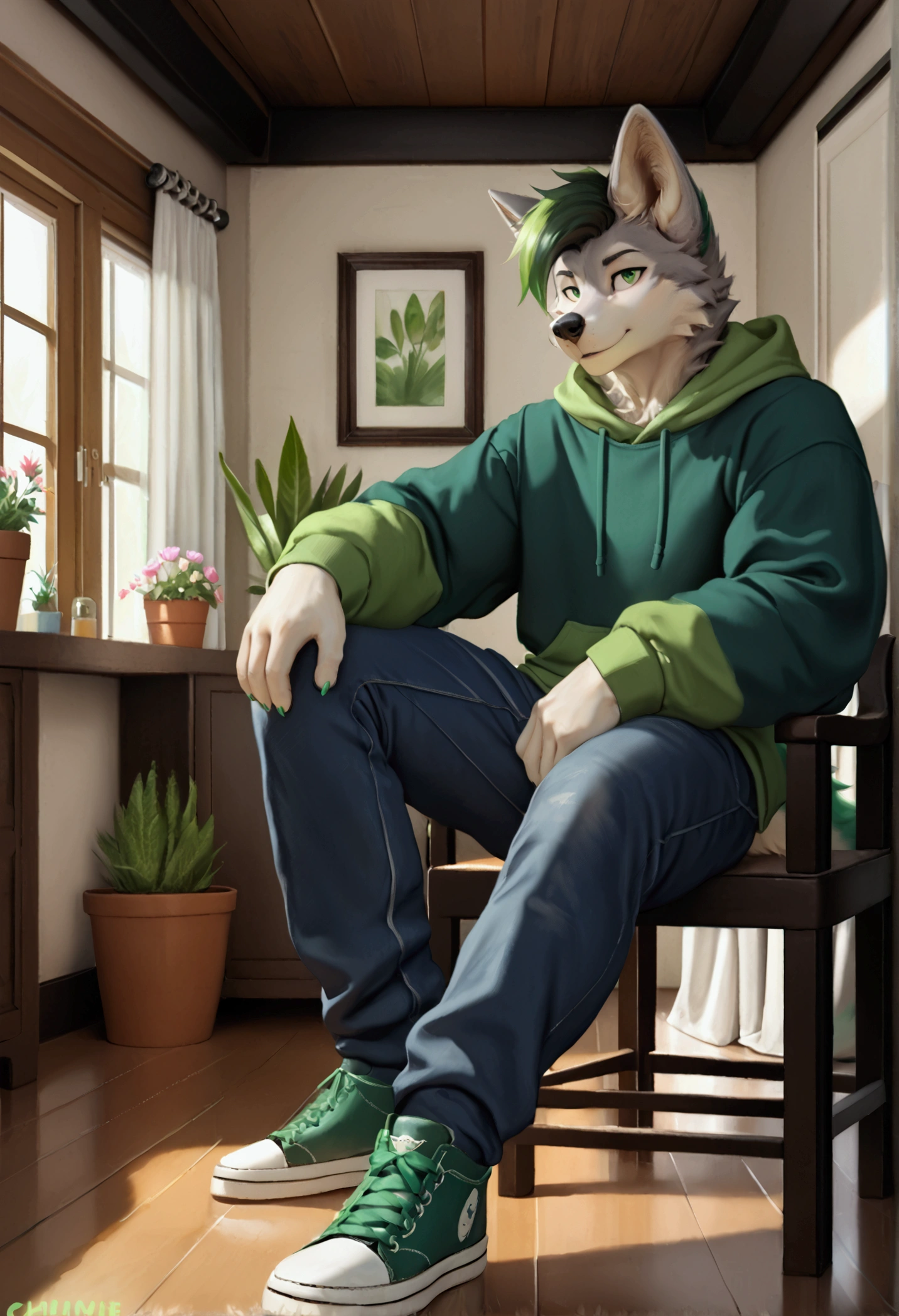 4k, high resolution, best quality, perfect colors, perfect shadows, perfect lighting, posted on e621, furry body, solo, An anthropomorphic gray furry wolf, with short ears, its hair is black with a green streak and its pupils are dark green. Wearing an oversized olive green sweatshirt, dark blue cargo pants and green pine Converse sneakers, sitting and posing on a semi-modern armchair in a minimalist and semi-modern room with white walls and wooden floor, there is a flower pot next to him The light comes out through a window along with some fog gray curtains, an aesthetic play of lights, high resolution, high quality.