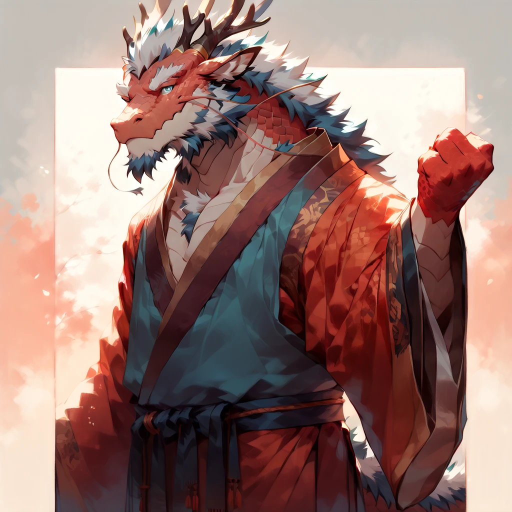 # Main Character: (Eastern Dragon Furry:1.8), muscular mature male, masterpiece, (full body portrait:1.4), (chest-up shot:1.4), (head turned 45 degrees left:1.3)

Dragon Features: (red scales:1.6), white belly scales, blue eyes, antlers, gray mane

Clothing: (simple traditional Eastern robes:1.2), (minimal clothing layers:1.3), clean fabric folds

Background: (solid color background:1.5), simple environment, (soft lighting:1.2), (warm color tones:1.3)