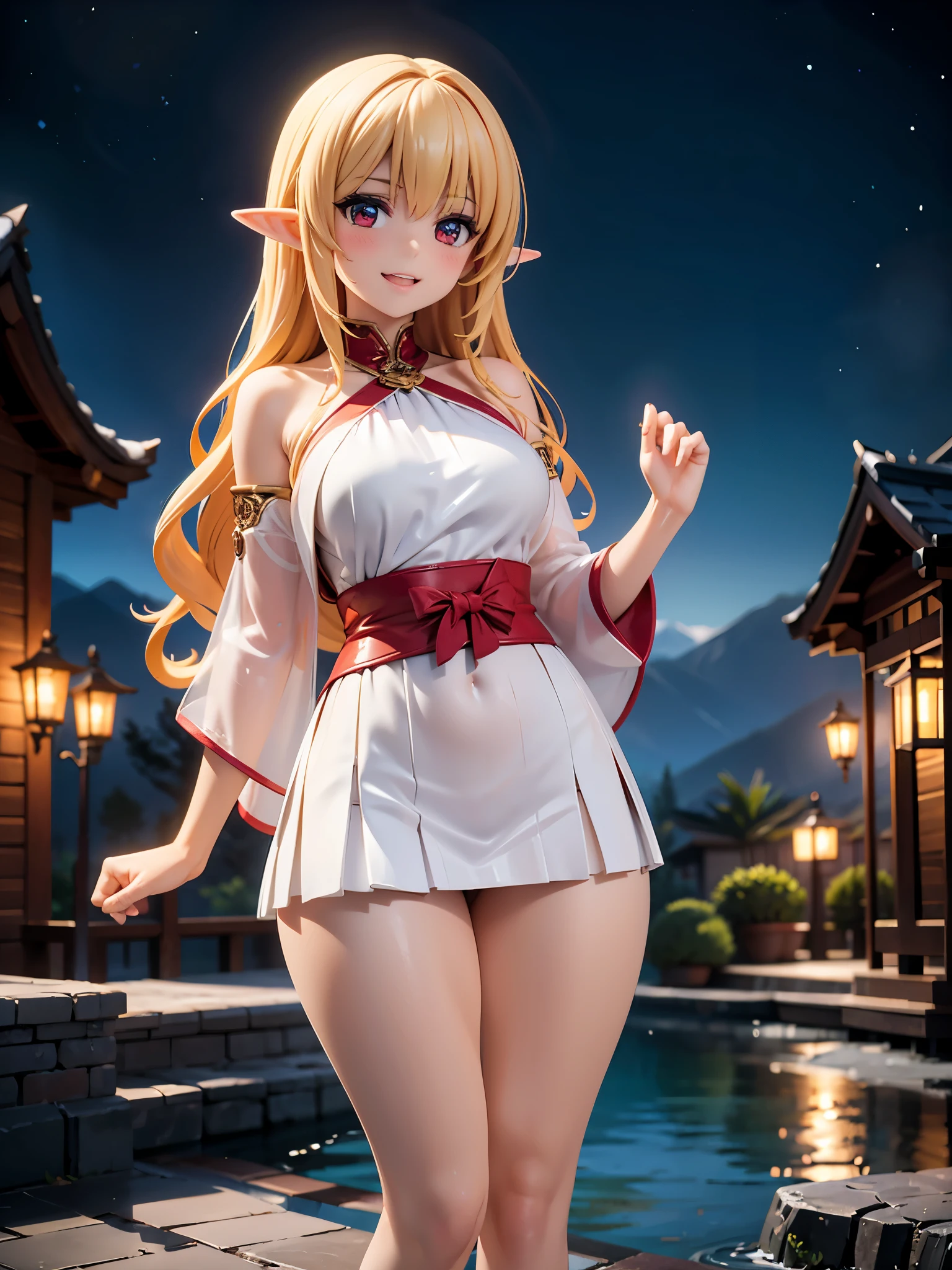 Detailed image of a beautiful elf laughing seductively, She wears a transparent robe and a pleated miniskirt. Looking at the camera blushing. Long wavy loose blonde hair, long thick eyelashes, Sharp seductive red eyes, Medium sized breasts, small waist, wide hips with beautiful thick thighs, large round buttocks, white skin. Night landscape of mountains, next to a temple. Volumetric lighting.