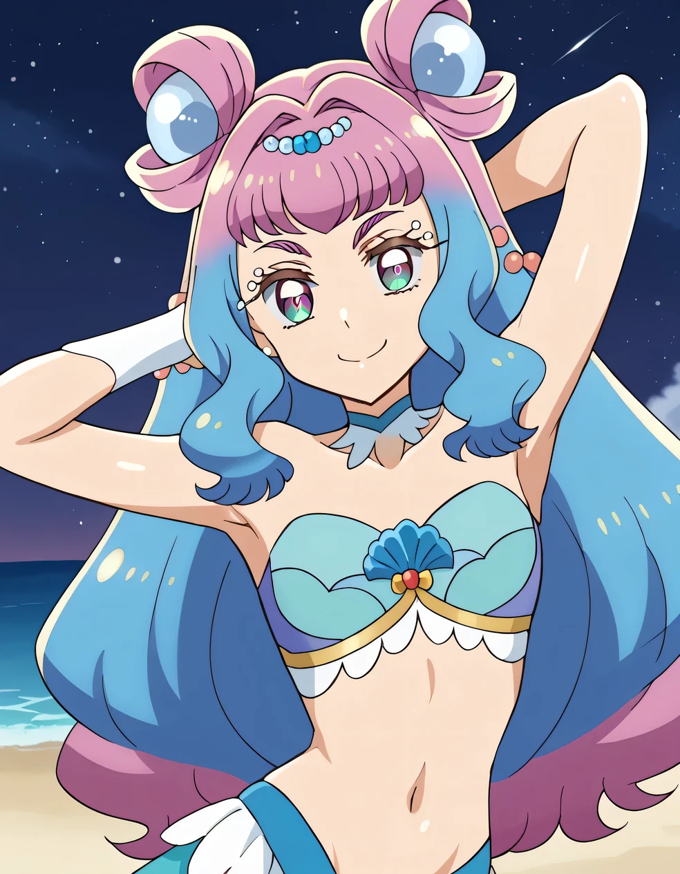 (masterpiece, Highest quality:1.4), Cinematic Light, colorful, High Contrast, (One girl), Alti OP, One Piece Anime, ((Large Breasts)), Multicolored Hair, Long Hair, Blue Hair, Pink Hair, bangs, horn, blush, Underarm, night, Blue Bikini