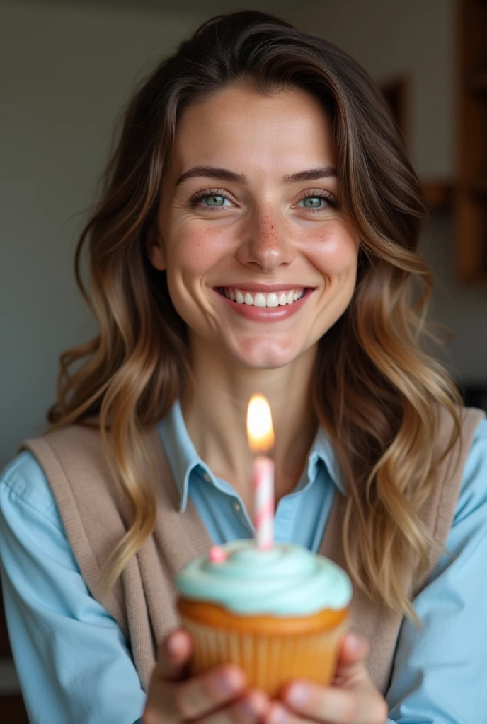  A 37-year-old American woman ,  smiling warmly and holding a cupcake with a burning candle . MEDIUM SHOT,  highlighting her expressive face and gentle gesture .  Seen from the chest up , with soft wavy brown hair with some gray highlights that frame her face.  She has fair skin and bright blue eyes that change color in light . You can see freckles on her cheeks .  Light blue shirt in pastel tones and light brown vest .  The light cupcake has blue icing and a candle with a warm, flickering flame.