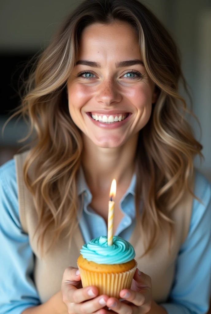  A 37-year-old American woman ,  smiling warmly and holding a cupcake with a burning candle . MEDIUM SHOT,  highlighting her expressive face and gentle gesture .  Seen from the chest up , with soft wavy brown hair with some gray highlights that frame her face.  She has fair skin and bright blue eyes that change color in light . You can see freckles on her cheeks .  Light blue shirt in pastel tones and light brown vest .  The light cupcake has blue icing and a candle with a warm, flickering flame.