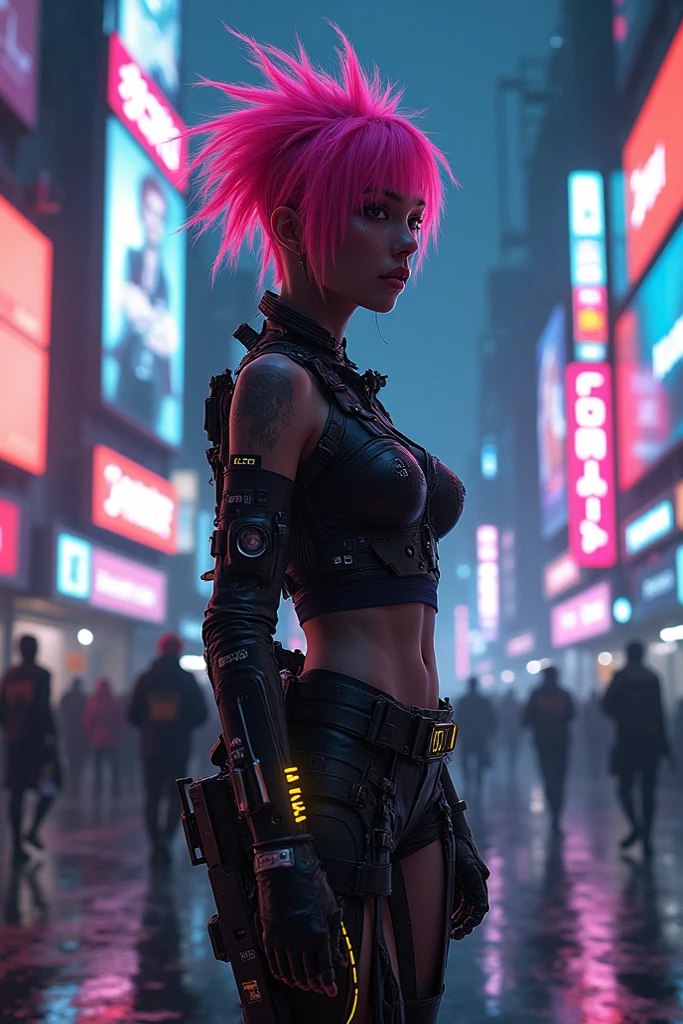 (Highly detailed wallpaper 8k),, Horrible necromain in the middle of the shot, Skull face, Cyberpunk Girl、Infant body type、fiery eyes, Messy Pink Shorthair、Tank Tops、ominous shadows, fumo, Convoluted, high detailing, Dramatic、