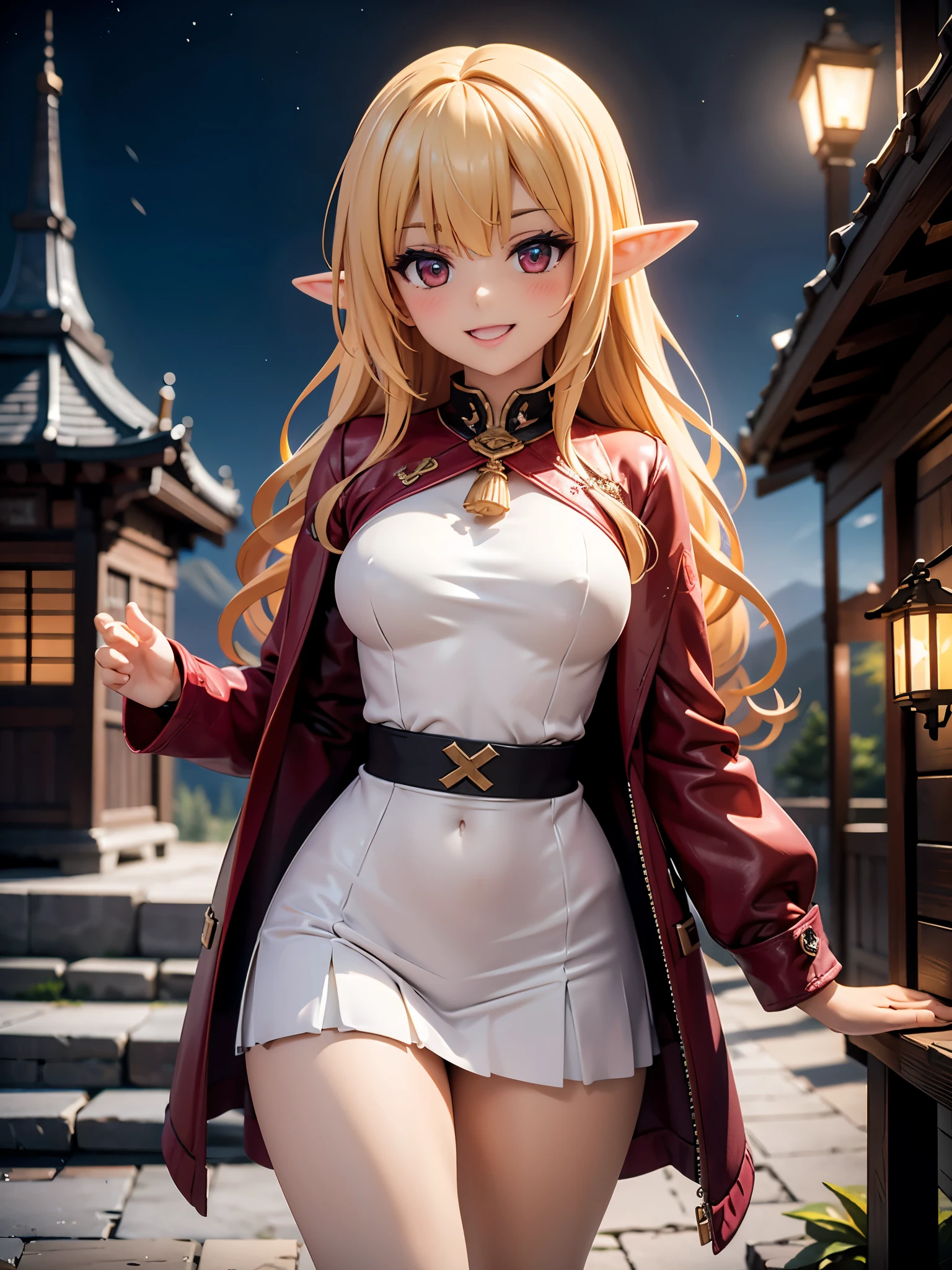 Detailed image of a beautiful elf laughing seductively, She wears a coat and a pleated mini skirt. Looking at the camera blushing. Long wavy loose blonde hair, long thick eyelashes, Sharp seductive red eyes, Medium sized breasts, small waist, wide hips with beautiful thick thighs, large round buttocks, white skin. Night landscape of mountains, next to a temple. Volumetric lighting.