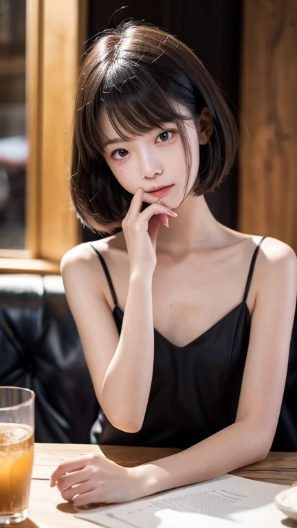 A young woman sitting in a warmly lit café, wearing a light spaghetti-strap top. She has soft bangs framing her face, and the background is blurred with subtle figures seated at tables. The lighting gently highlights her face and upper body, creating a calm and intimate atmosphere