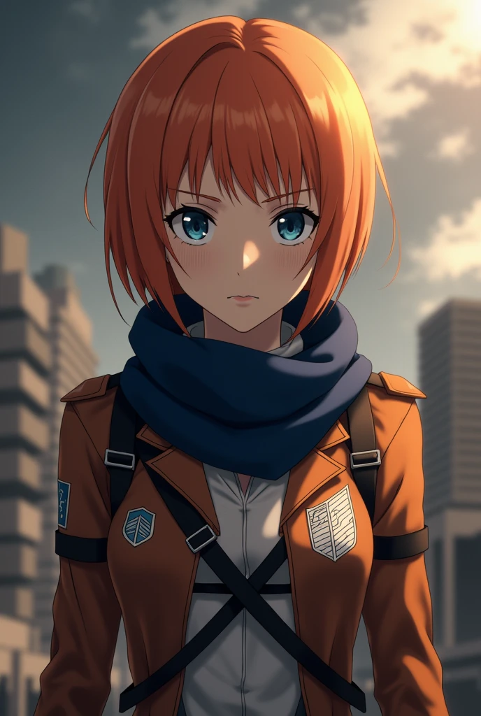 Attack on Titan a woman with short orange hair and bangs, dark blue eyes , and wears a dark blue scarf . wears reconnaissance troop clothing , season 4. suasana sedang Rumbling. With a cold expression