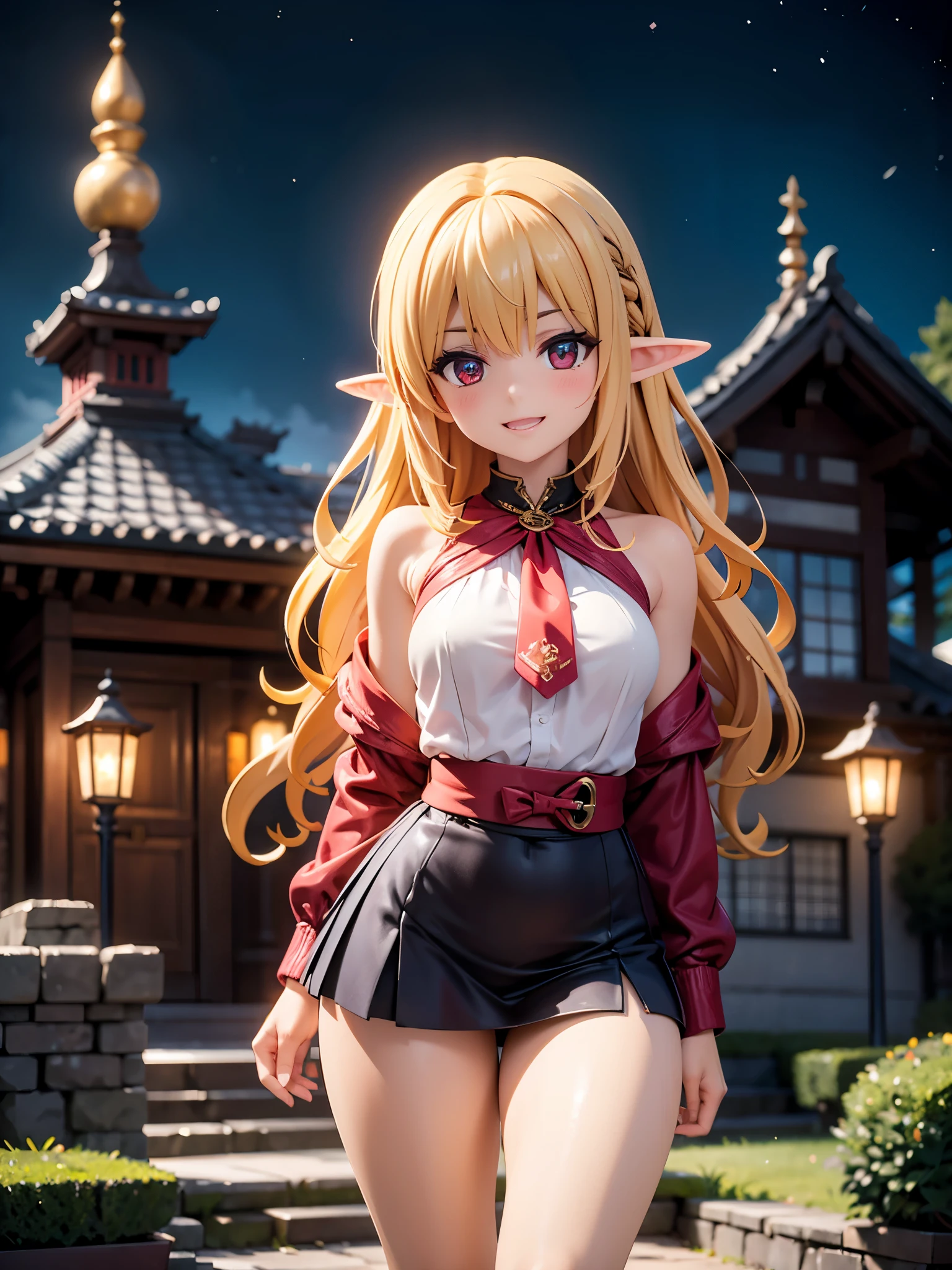 Detailed image of a beautiful elf laughing seductively, She wears a coat and a pleated mini skirt. Looking at the camera blushing. Long wavy loose blonde hair, long thick eyelashes, Sharp seductive red eyes, Medium sized breasts, small waist, wide hips with beautiful thick thighs, large round buttocks, white skin. Night landscape of mountains, next to a temple. Volumetric lighting.