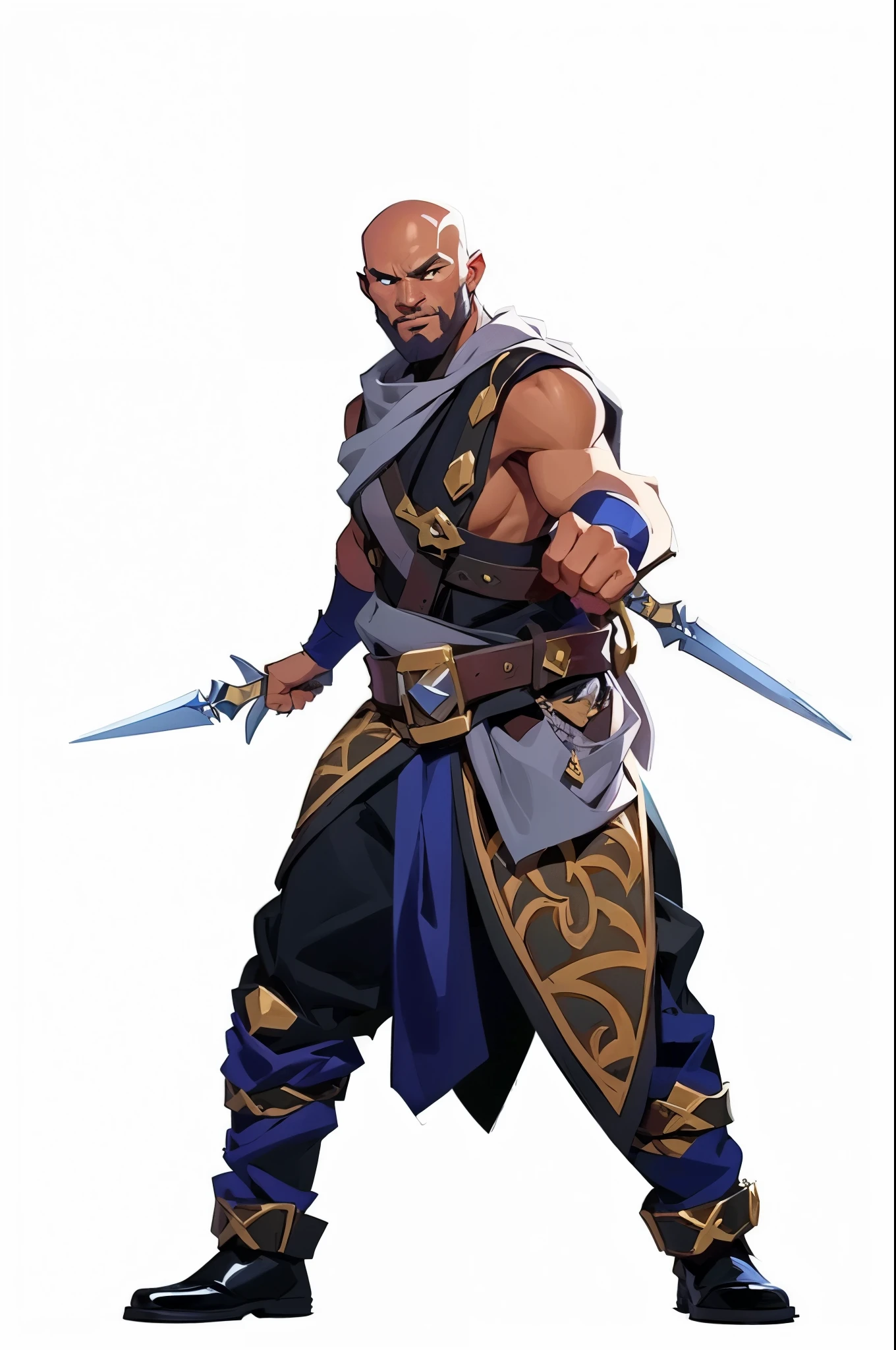 mstoconcept art, european and american cartoons, game character design, solo, 1MAN, human, black skin, african, , CLEAN FACE, GRAY BACKGROUND, rogue, black assassin clothes, no sleeves, holding 1 dagger on each hand, FULL BODY, STANDING, black leather clothes, no HAIR, bald, no beard, fantasy rpg rogue, (((detailed))), (((high resolution)))