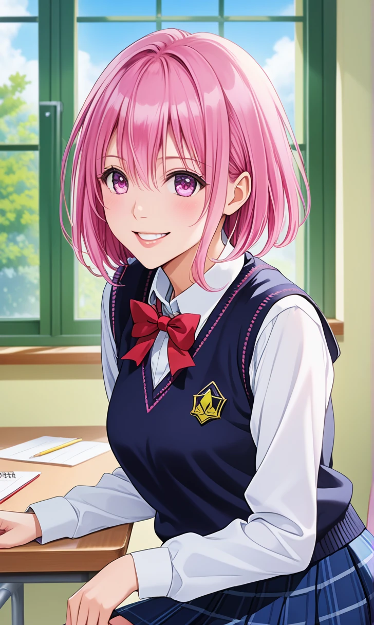 Yabuki Sentaro , To Loveる,  score_9,  score_8_up,  score_7_up BREAK
momo velia deviluke, Pink Eyes,  Pink Hair,  Shorthair, medium breast,  school uniform,  skirt,  Sweater Vest ,  watching viewers ,  smiles lightly, upper body, 
masterpiece,  best quality,  very sophisticated,  absurd, Straight, 
