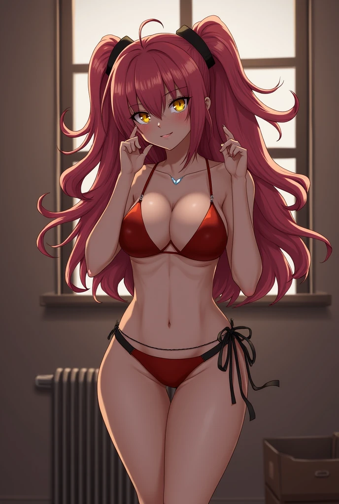 Masterpiece, animerealistic, Top quality, Ultra high definition, Maximum resolution, Very detailed, Professional lighting, Cowboy shot, One girl, she’s a female oni, devilish girl, she has light red hair, gothic demoness, Very cute, submissive , long hair, Hairpin, wearing micro bikini in black, gothic, wearing black panties showing arms folded behind the head, cold expression, embarrassed, her body is wet with , face, sexy female oni with legs open at M o'clock, panty bite, lace panties, steam, heavy breathing, anime screencap, thighs, seductive sweat, yellow eyes, beautiful eyes, wearing mascara, blush, drippy panties