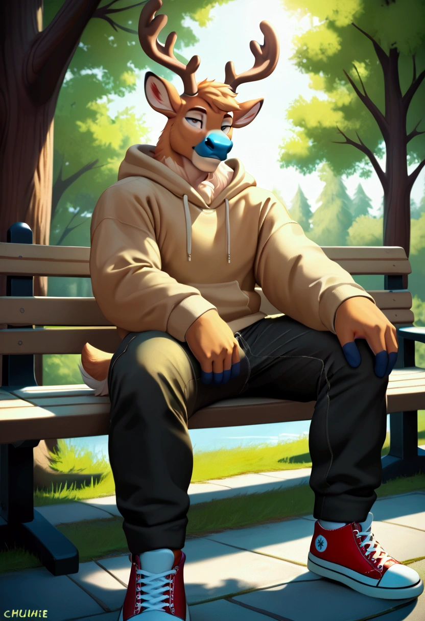by Zackary911, anthro, bear, young, solo, very detailed, ((very detailed fur texture)), ((very detailed lighting)), ((very well drawn legs)), ((very well drawn arms)), ((very detailed legs)), ((very detailed arms)), ((very detailed paws)), ((very detailed tail)), ((very detailed background, park)), ((very detailed jockstrap)), ((very well drawn tail)), ((very well drawn body)), ((very detailed tight pastel shirt)), ((very detailed thigh high socks)), ((slightly chubby)), ((sitting on bench))
