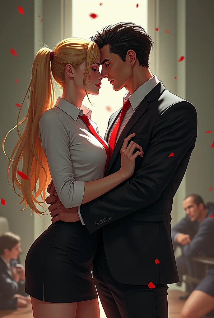 couple, blonde girl, black hair guy, kissing, office, love, passionate, desk